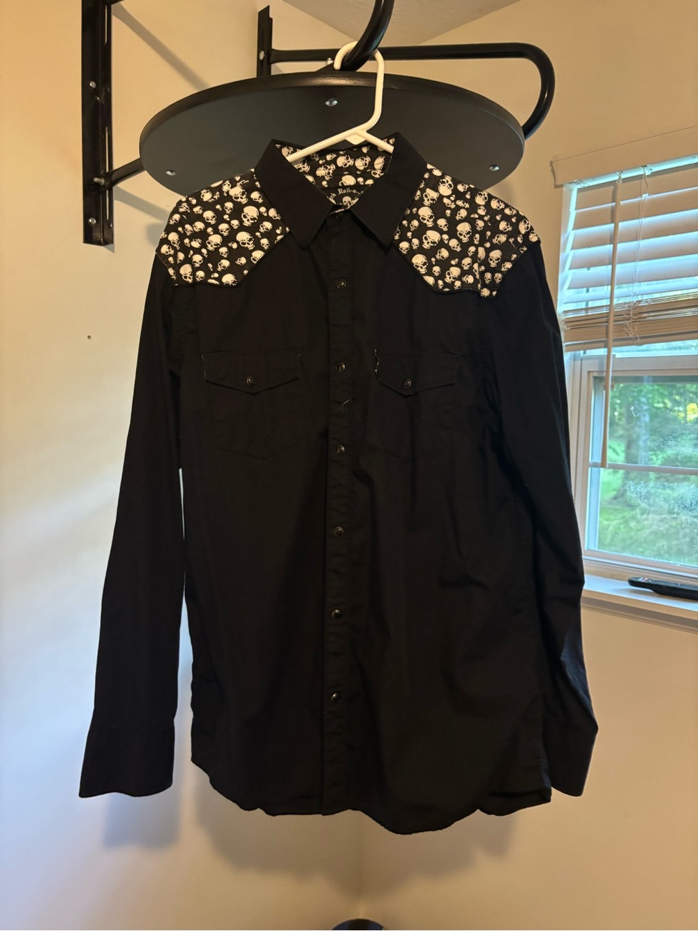 Men's Black Button-Down Western Shirt with Skull Yoke